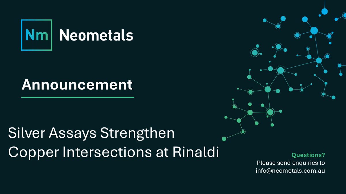 neometalsltd's tweet photo. $NMT is pleased to advise that silver assays provide further support for the interpretation of the historic Rinaldi copper prospect on a coherent primary hydrothermal Cu-Ag system.

Read more here: https://t.co/CKgLM9hgZi

#Copper #ASX #Mining https://t.co/Va0kpndDK9
