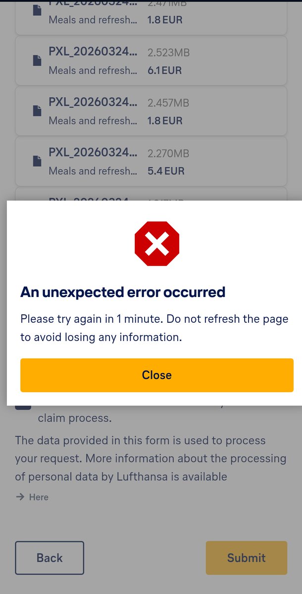 Capt_Hamper's tweet photo. @lufthansa my Lufthansa flight was delayed and resulted in me missing my connecting flight. I needed to spend the night in a hotel and I need my expenses reimbursed. I attempted to fill out the expense and compensation form on the website and I get this error message every time. https://t.co/3DORVrhU9z