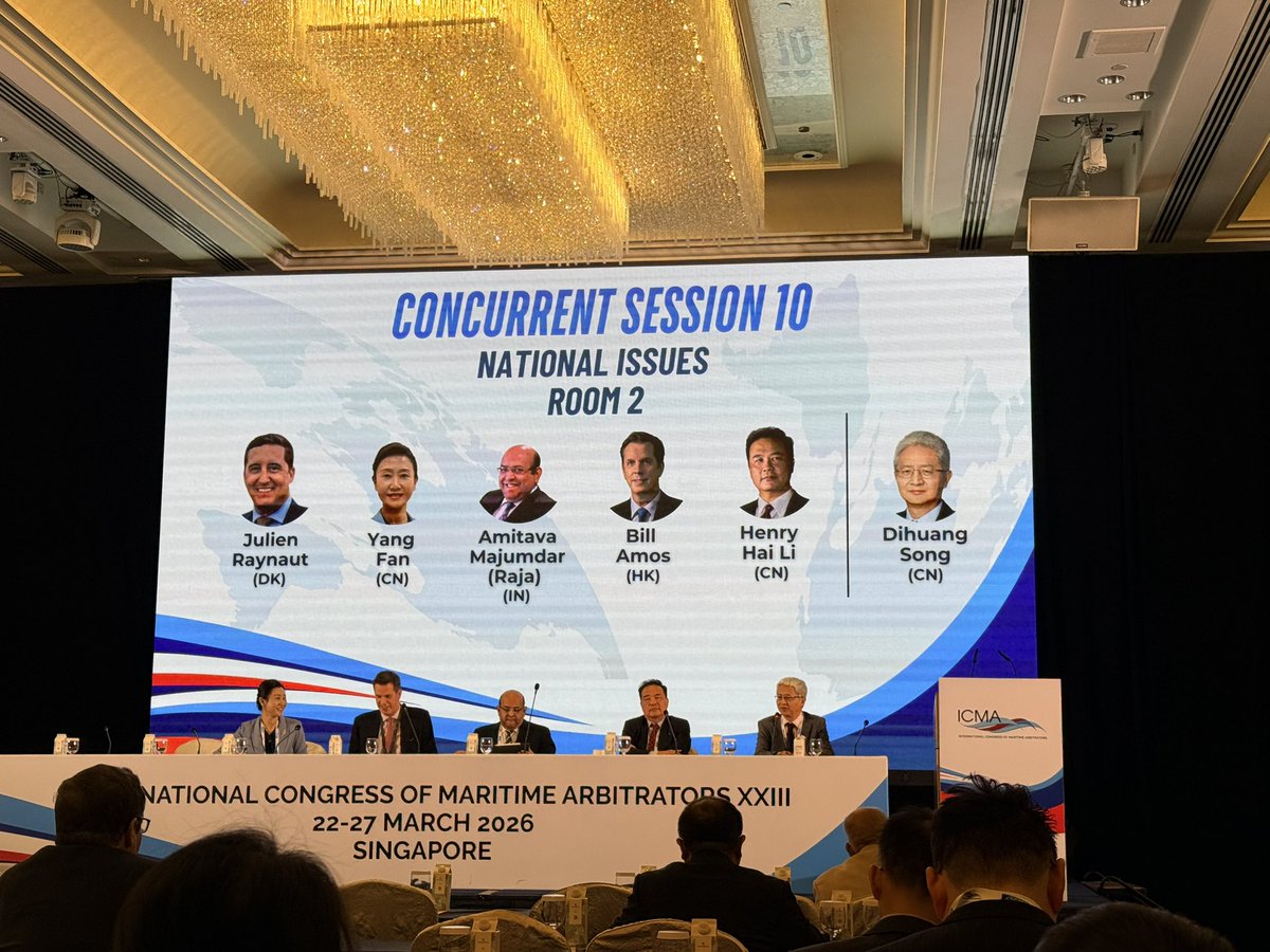 kaz_scopic's tweet image. 現在、シンガポールで開催中の第23回国際海事仲裁人会議（ICMA XXIII）に参加しています。
本日は、各国の海事仲裁の比較についてのセッションからスタート。大変興味深い内容です！⚓️

#ICMA #MaritimeArbitration #Singapore