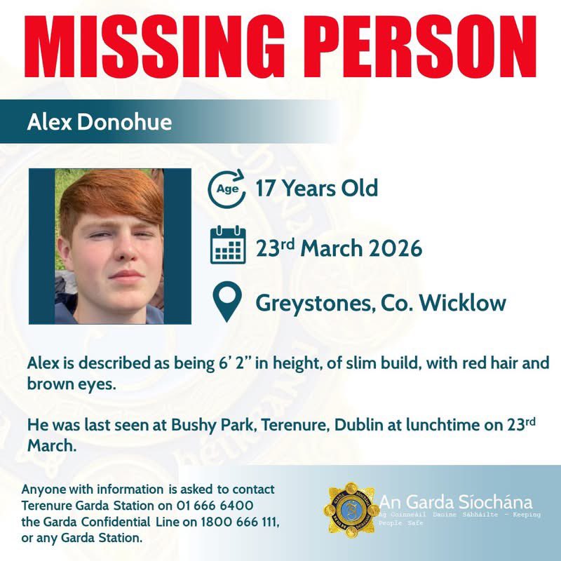 LoveSouthDublin's tweet photo. Alex Donohue 17yrs of age missing from Greystones,
Co Wicklow, since Monday 23rd March.
Last seen at lunchtime March 23rd in Bushy Park, Terenure, Dublin 6.
#missingperson #dublin #codublin #southdublin https://t.co/dghc8n6XeI