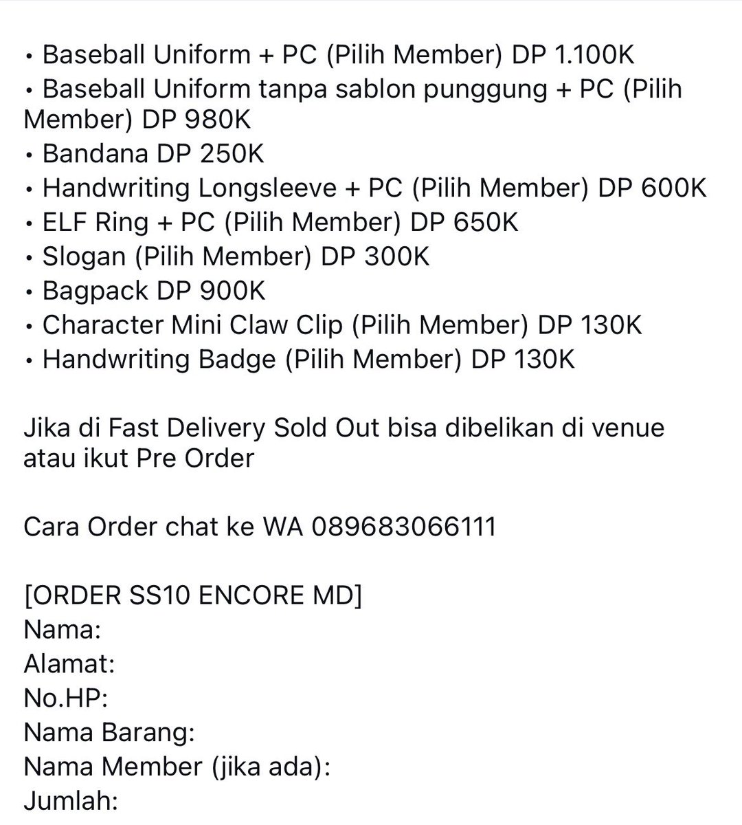 [Pre Order] Super Junior 20th Anniversary Super Show 10 ENCORE in Seoul Official MD Line Up 1💙

List dan Harga cek foto di bawah

‼️Deadline: 2 APRIL‼️

Order chat ke 👉🏻 wa.me/6289683066111
