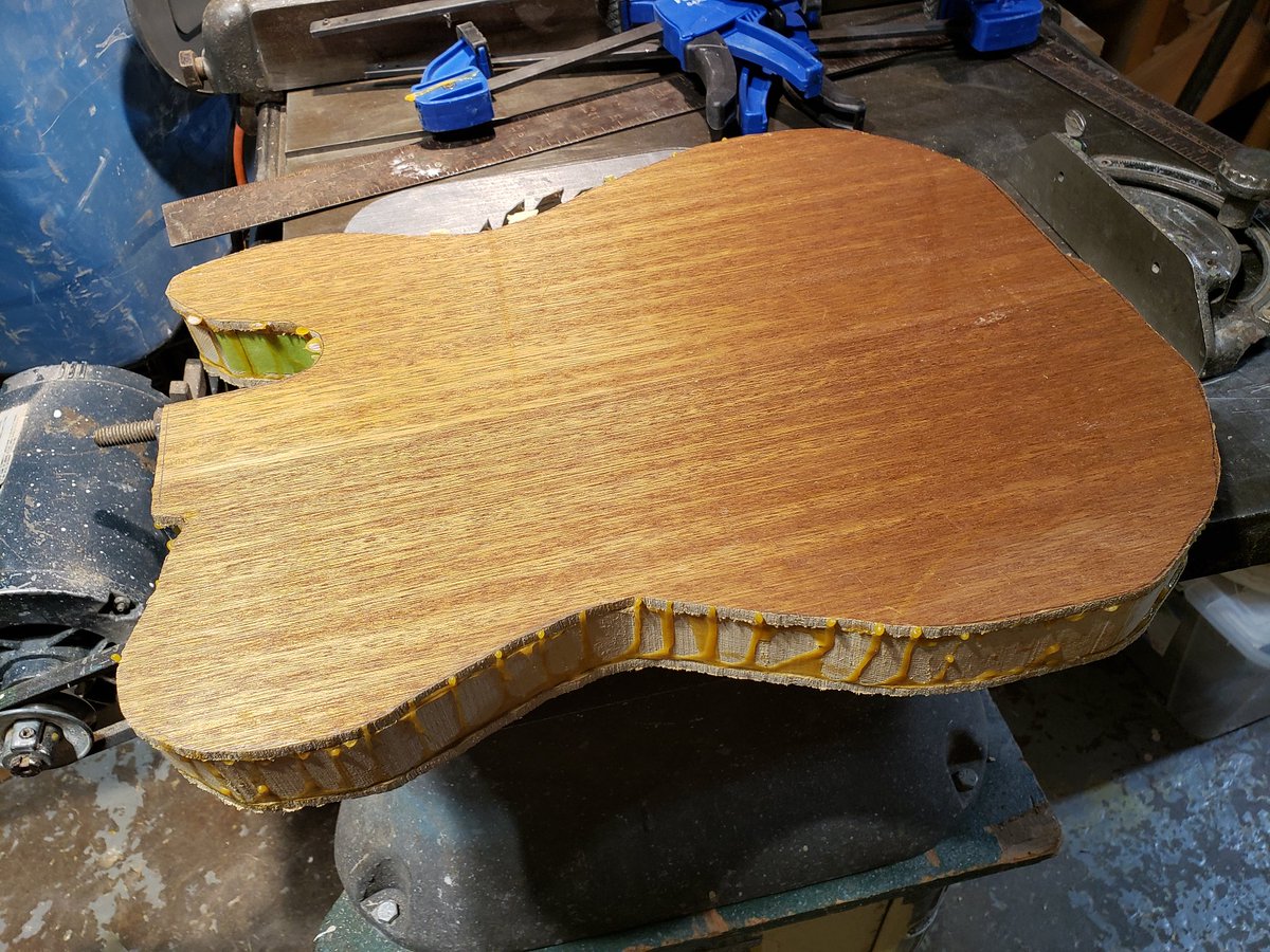 I unclamped this Telecaster body glue-up when I got home tonight. It's solid &amp; dead flat. 👍Progress has been slow, but the next step is to route it to its final shape with cavities for the pickups and electronics. I have a temporary Fender Squire neck for it once it's done. 👇