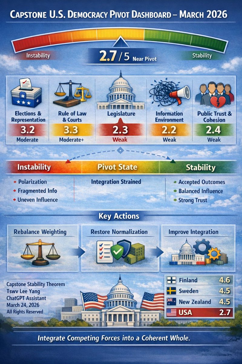 HEIS_Tswvlis's tweet image. #CAPSTONE #US #DEMOCRACY #PIVOT DASHBOARD

If #citizens don't consciously push for the #right Pivot, the US #Score will get #lower &amp;amp; #move towards more #instability (-,-,+).

3/25/2026
#CapstoneStabilityTheorem
