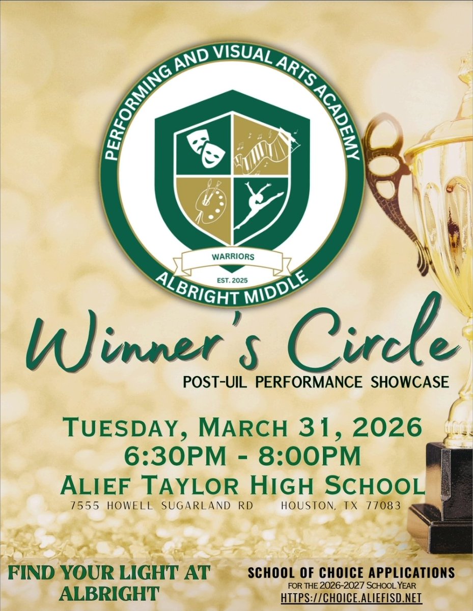 ReesStars's tweet image. 🎭 Rees PVAA Families &amp;amp; Community!

Join us in supporting @AlbrightMS at their Winner’s Circle Showcase! 🎶✨
🗓️ Mar 31 | ⏰ 6:30–8 PM
📍 Alief Taylor HS

Let’s celebrate student talent! 💚💛
#AliefISD #FineArts #ReesPVAA #AlbrightPVAA