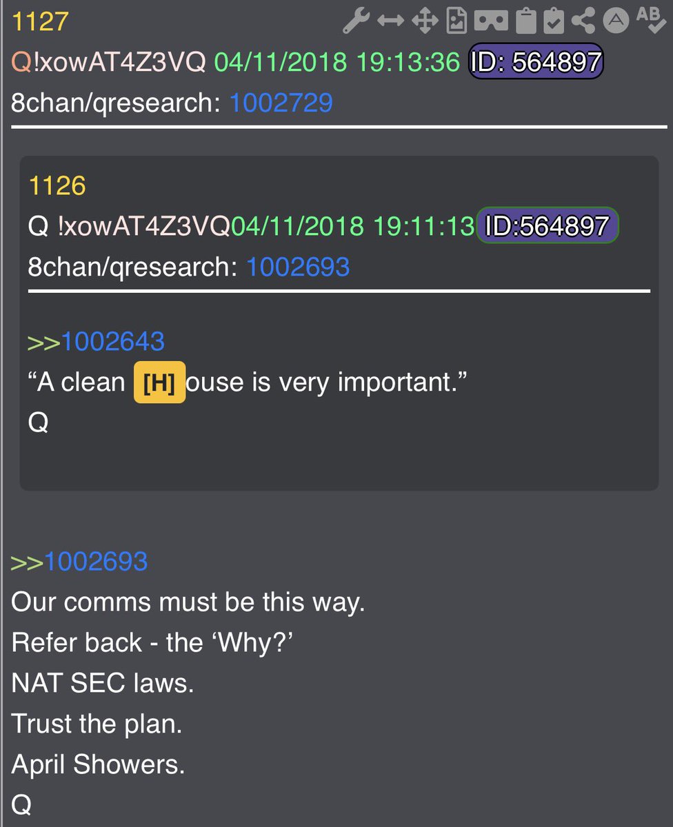 SmokingAces17's tweet photo. @WhiteHouse timestamp 10:00

Post 1000

‘H’
Q

Searched posts for [H]

Post 1127

Our comms must be this way.
Refer back - the ‘Why?’
NAT SEC laws.
Trust the plan.
April Showers.
Q

#Qproof 🔥 https://t.co/dX6ZmQrjIk