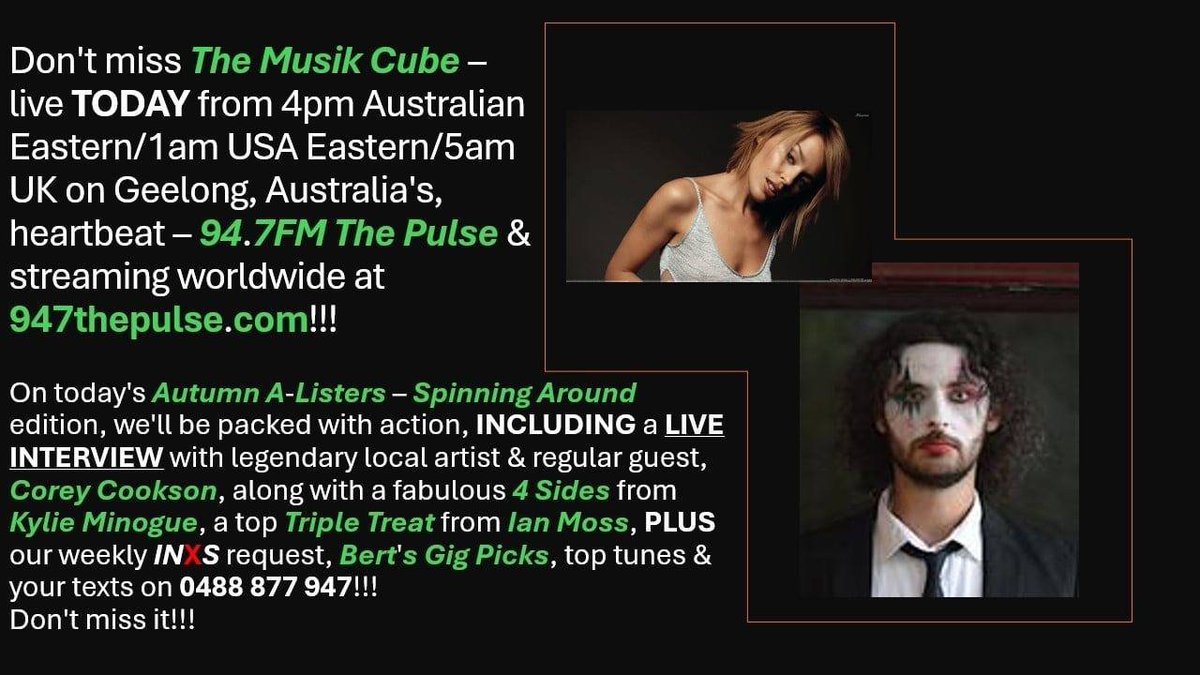 AJBrady_Sports's tweet photo. .@TheMusikCube - live TODAY from 4pm Aussie Eastern/1am USA Eastern/5am UK on @947ThePulse, https://t.co/LSyPFsaa41 &amp; via the #CommunityRadioPlus &amp; @TuneIn apps! #AutumnAListers - #SpinningAround edition.
Live interview - @CooksonCor95246.
#4Sides - @KylieMinogue.
Many top tunes! https://t.co/UAm3KufCqo