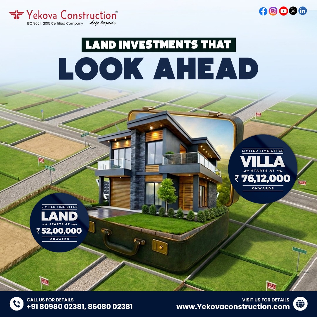 Yekovaproject's tweet image. Forward-thinking land developments backed by Yekova Construction ensure lasting value.
Reach out to us!
📞+91-8608002381/+91-7550271038
📩 yekovaconstruction@gmail.com
🌐 yekovaconstruction.com
#constructionsites #lands #constructionworker #house