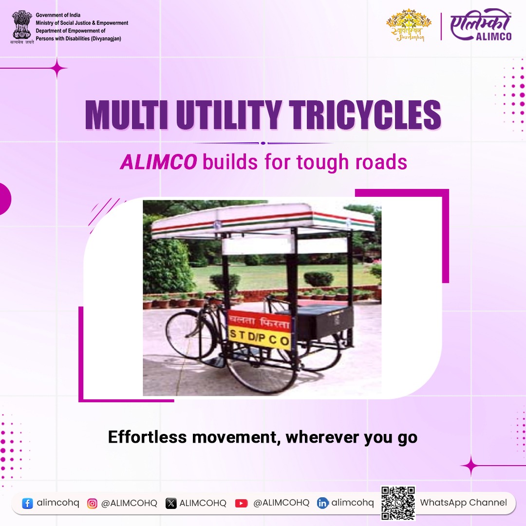 ALIMCOHQ's tweet photo. ALIMCO’s mobility aids, from ergonomically designed wheelchairs to rugged tricycles and precision-crafted crutches, are built keeping real-life needs in mind—comfort, terrain, effort and long-term use. With sturdy frames, user-focused design and reliable performance, these devices support everyday journeys—at home, at work and beyond. 

By enabling Divyangjan and senior citizens to move freely and participate fully, #ALIMCO is strengthening the foundation of an inclusive, self-reliant India—driving the vision of #ViksitBharat forward, one empowered life at a time. 

#ALIMCOSeva #AccessibleIndia #AssistiveTechnology

@PMOIndia @narendramodi @Drvirendrakum13 @blvermaup @MSJEGOI @socialpwds