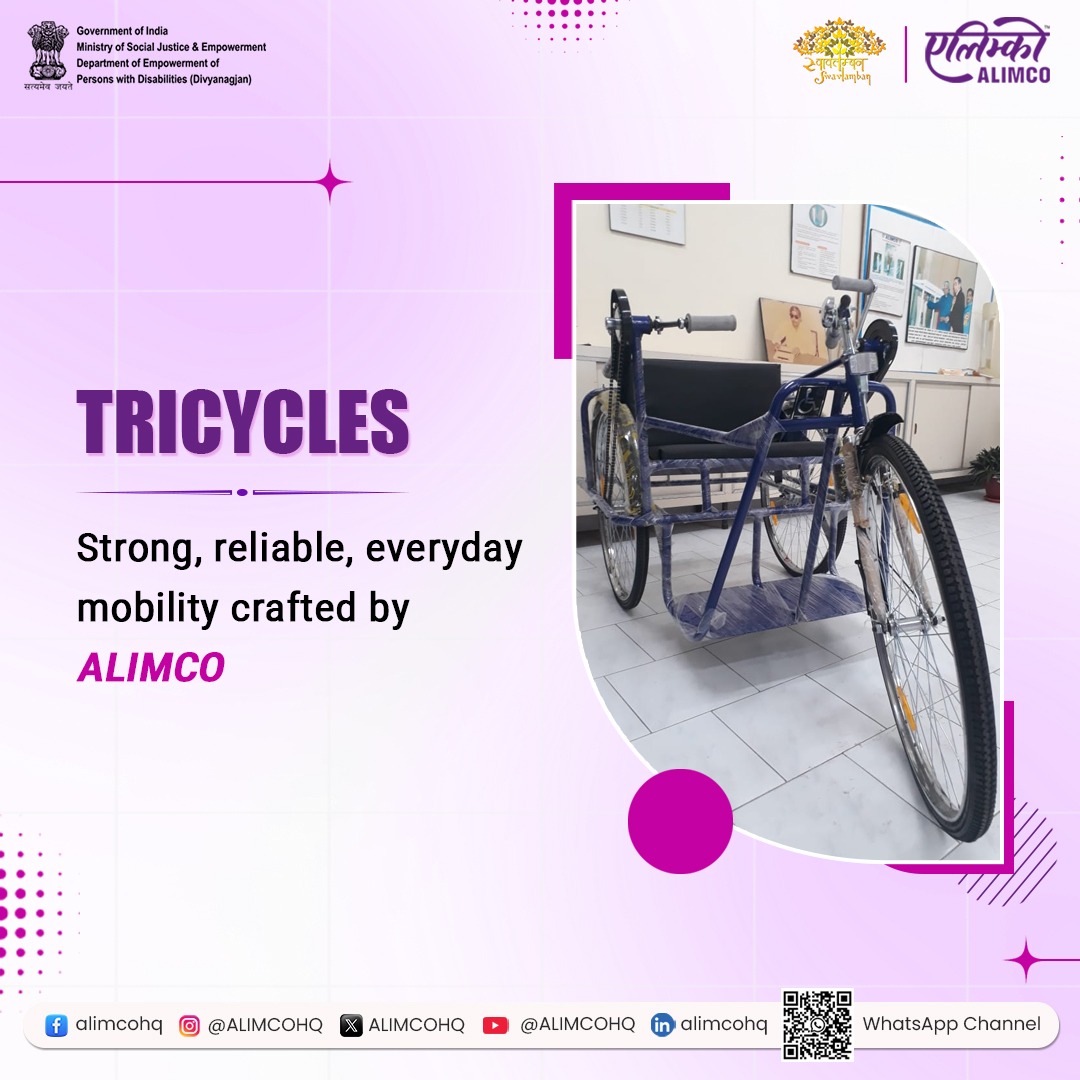 ALIMCOHQ's tweet photo. ALIMCO’s mobility aids, from ergonomically designed wheelchairs to rugged tricycles and precision-crafted crutches, are built keeping real-life needs in mind—comfort, terrain, effort and long-term use. With sturdy frames, user-focused design and reliable performance, these devices support everyday journeys—at home, at work and beyond. 

By enabling Divyangjan and senior citizens to move freely and participate fully, #ALIMCO is strengthening the foundation of an inclusive, self-reliant India—driving the vision of #ViksitBharat forward, one empowered life at a time. 

#ALIMCOSeva #AccessibleIndia #AssistiveTechnology

@PMOIndia @narendramodi @Drvirendrakum13 @blvermaup @MSJEGOI @socialpwds