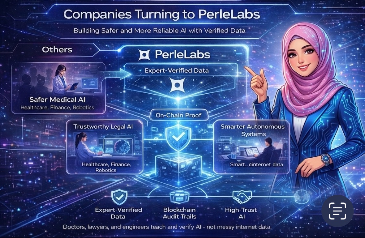 0xcrypticmadam's tweet photo. Big companies want AI that doesn’t make silly mistakes.

But today’s AI learns from messy internet data. It can get confused, give wrong answers, or even be unsafe in important jobs.

That’s why they are looking at @PerleLabs.
PerleLabs lets real experts teach AI. Doctors help medical AI. Lawyers help legal AI. Engineers guide smart machines. So the AI learns the right things, not random guesses.

Also, everything is recorded on blockchain. This means companies can check where the data came from and trust it. No hidden steps, no guessing.

For companies, this is a big deal.

They can build AI that is safer, more accurate, and easier to trust. This helps them use AI in serious areas like hospitals, finance, and robots without fear of mistakes.

So instead of risky AI, they get reliable AI.

That’s why more industry players are moving toward PerleLabs.

— participating in @PerleLabs community campaign .    #PerleAi #ToPerle