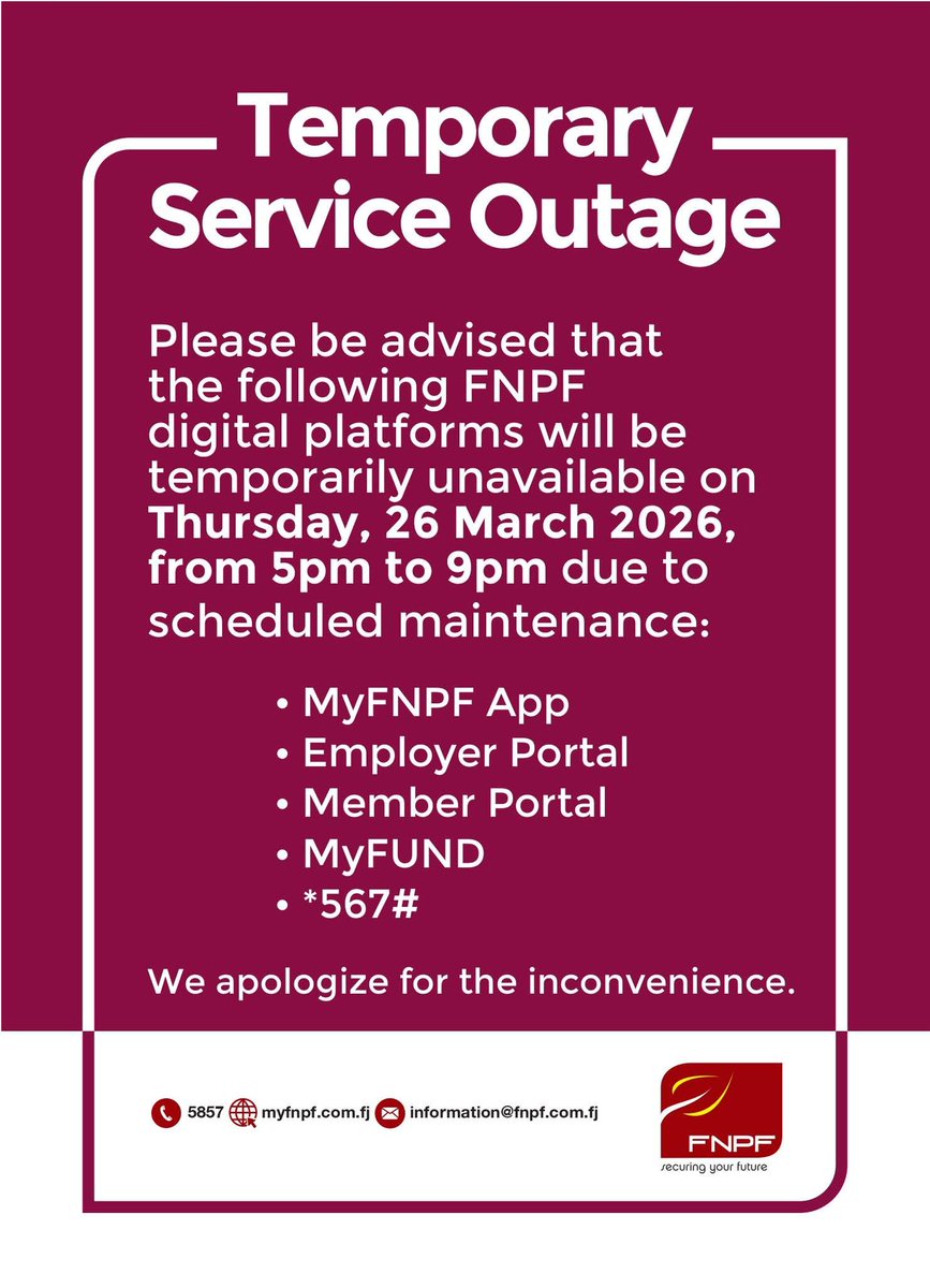 MyFNPF's tweet image. Public Notice
Scheduled system enhancements will take place this evening across our digital platforms.

#FNPF #ServiceUpdate #MemberUpdate