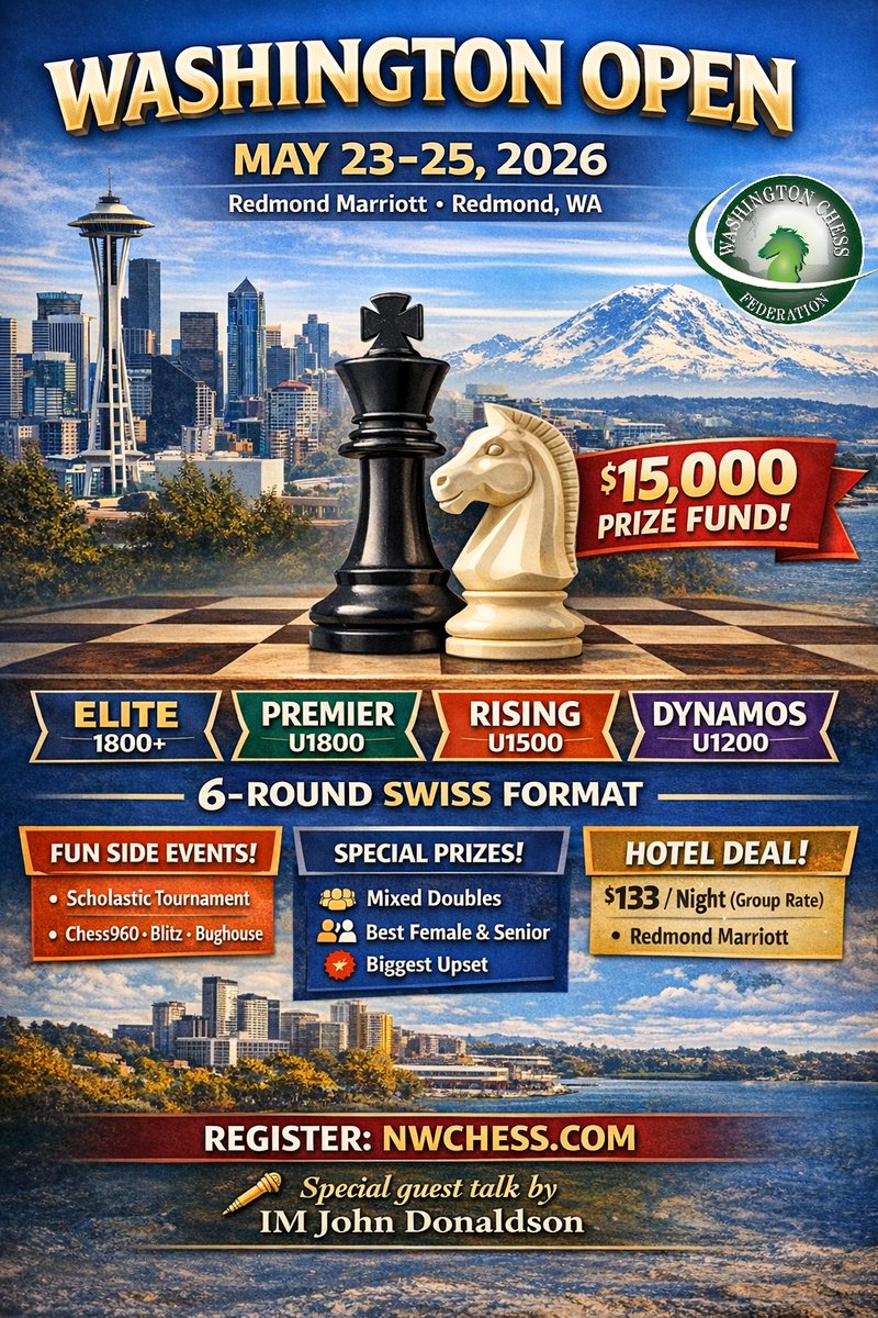 ChessWashington's tweet photo. The Washington Chess Federation’s premier tournament is back!
Join us for the 2026 Washington Open this Memorial Day Weekend (May 23–25) at the Redmond Marriott. With a $15,000 prize fund! And special guest talk and book signing by IM John Donaldson. https://t.co/EFc9vQDqyG