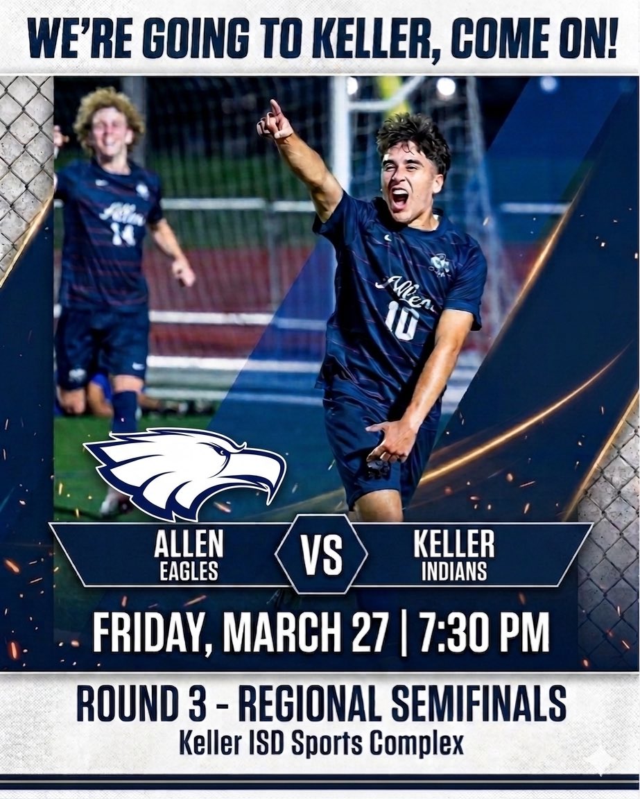 AHS_B_Soccer's tweet photo. Round 3. On the road. No excuses.

We’re heading into Keller and it’s time to make THEIR stadium feel like HOME.

🦅 Eagles fans — we need you loud, proud, and ALL IN. Fill the stands. Bring the energy.

📍 Keller ISD Sports Complex
🗓 Friday, March 27
⏰ 7:30 PM https://t.co/KaA67qEuzv