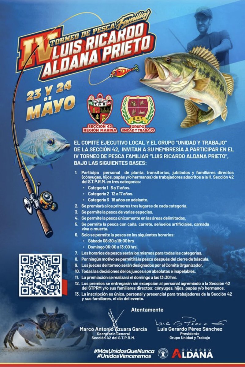 lV torneo de pesca Luis Ricardo Aldana Prieto , este 23 y 24 de mayo toda la familia petrolera <a href="/Seccion42_STPRM/">Seccion 42 STPRM Oficial</a>  a convivir con nuestro máximo líder el ing Luis Ricardo Aldana Prieto al lado de nuestro amigo y líder <a href="/lgps03101/">@lgps0310</a> y nuestro secretario general <a href="/MarcoAzuara1/">Marco Azuara</a>