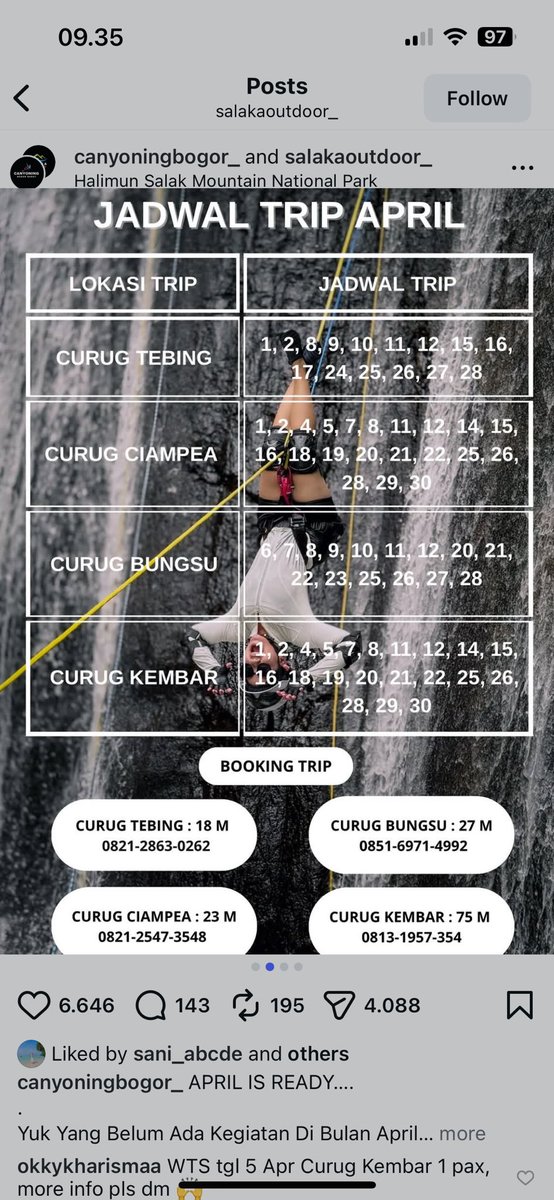 kkhrismaa's tweet photo. WTS tgl 5 Apr Curug Kembar 1 pax, more info pls dm 🙌 ada barengan juga temen aku dari Tangsel 

dijual karena nnti aku jelasin di dm 
#canyoning #bogor #curugkembar https://t.co/GCX4MxHNC1