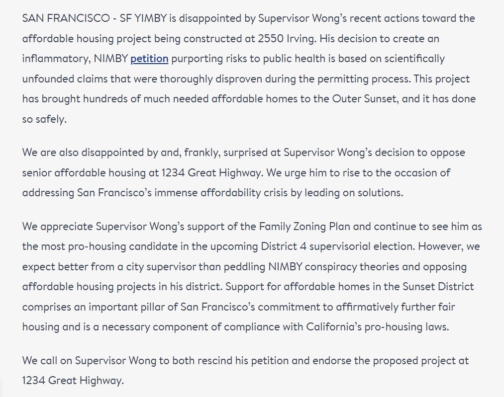 SFyimby's tweet photo. We are disappointed by Supervisor @alankennywong  recent actions toward the affordable housing project being constructed at 2550 Irving. His decision to create an inflammatory, NIMBY petition purporting risks to public health is based on scientifically unfounded claims... https://t.co/7kIiQ5Tw0E