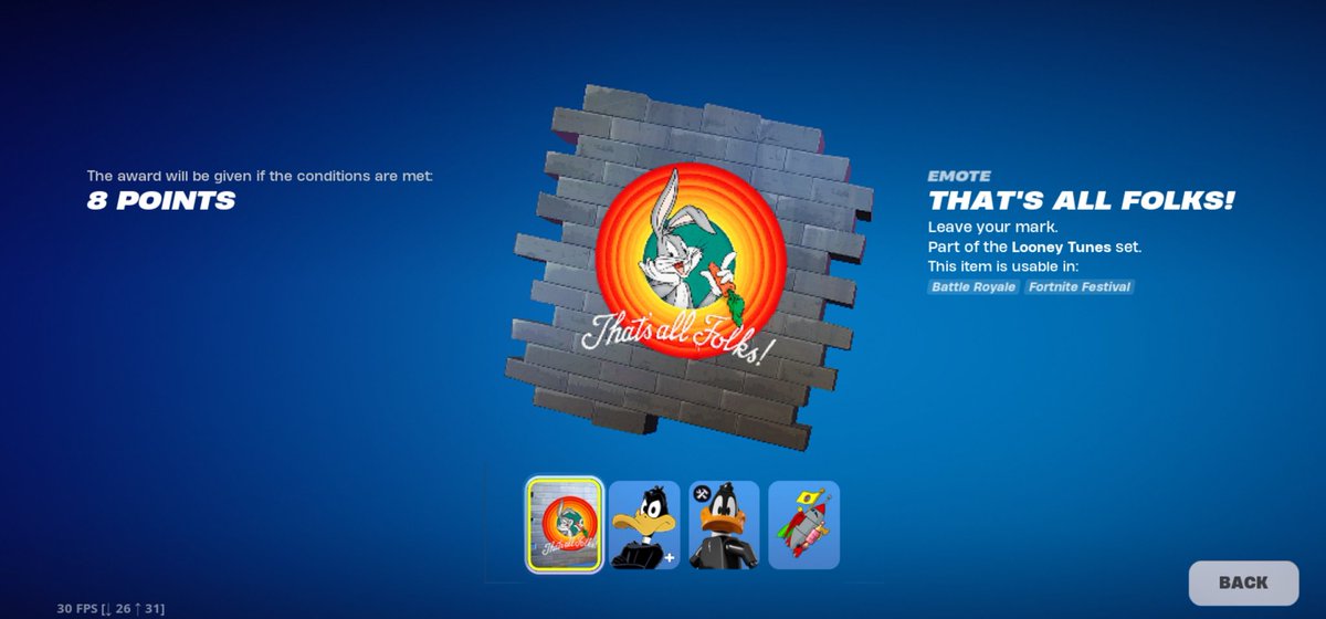 MobileMamaLlama's tweet photo. 🦆🏆Played the Daffy Cup & at least made the 8 points for the Spray; "That's All Folks!" which will make a fun Looney Toons combo design on the Bedtime Breezer Spray glider! 🪂 Did you play?🤔 #Fortnite #Daffy #Duck #Cup #Loony #Toons #Rewards #Spray #points #Lola #Bunny https://t.co/I5kMdCvFqw