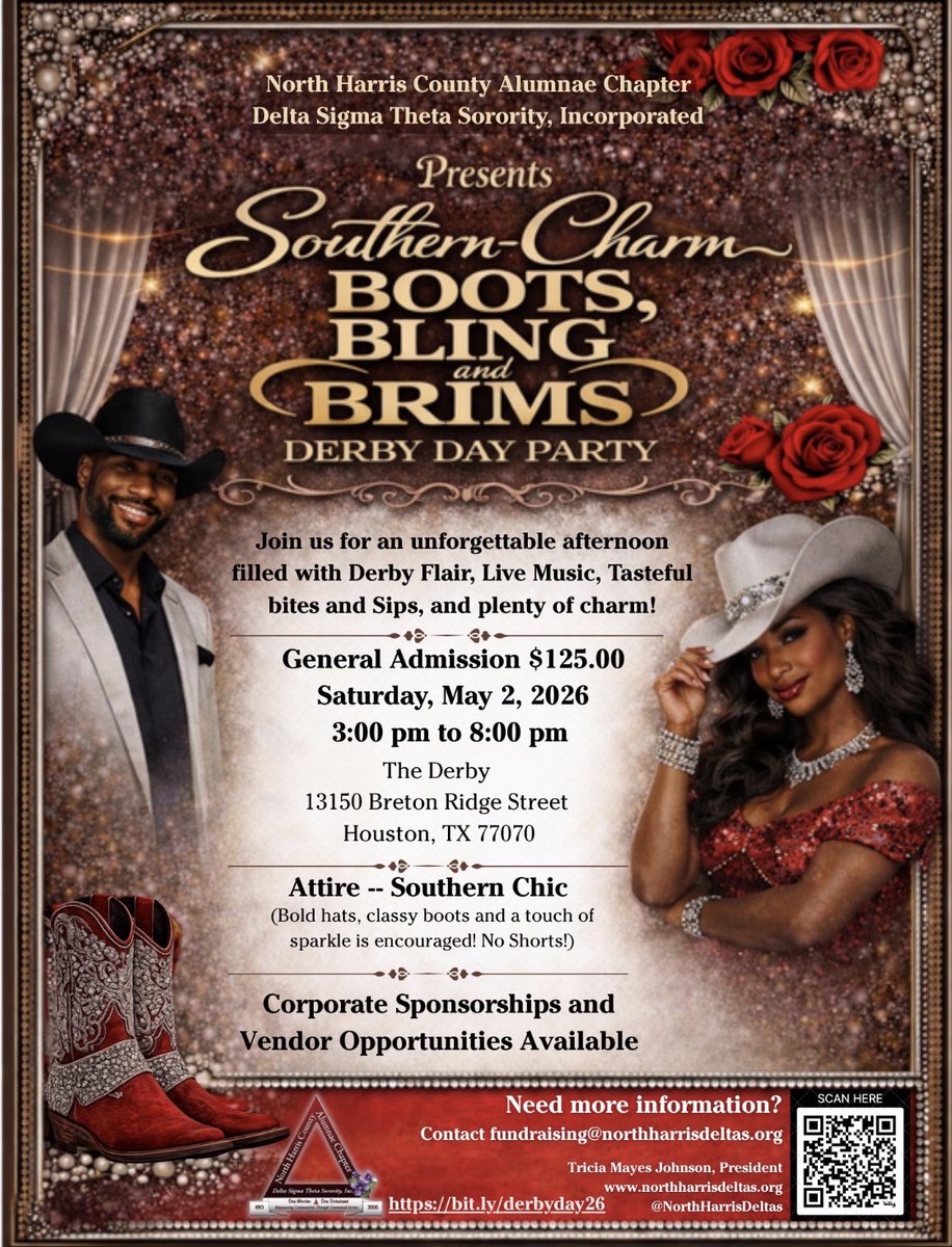 NPHC_Houston's tweet photo. Southern Charm: Boots, Bling &amp; Brims Derby Day Party
Hosted by Delta Sigma Theta Sorority, Inc. – North Harris County Alumnae Chapter May 2, 2026 3:00 PM The Derby, 13150 Breton Ridge St., Houston, TX 77070
Tickets: $125
Celebrating 20 years of service, this signature fundraiser https://t.co/1WQpgH7Ozy