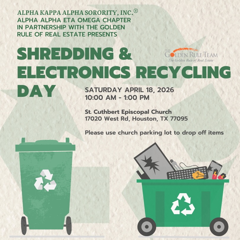 NPHC_Houston's tweet photo. Shredding &amp; Electronics Recycling Day
Hosted by Alpha Kappa Alpha Sorority, Inc. Chapter: Alpha Alpha Eta Omega Date: April 18, 2026 Time:10:00 AM – 1:00 PM Location: St. Cuthbert Episcopal Church
Event: Protect your personal information and help the environment by safely dispose https://t.co/vAYytcJg8z