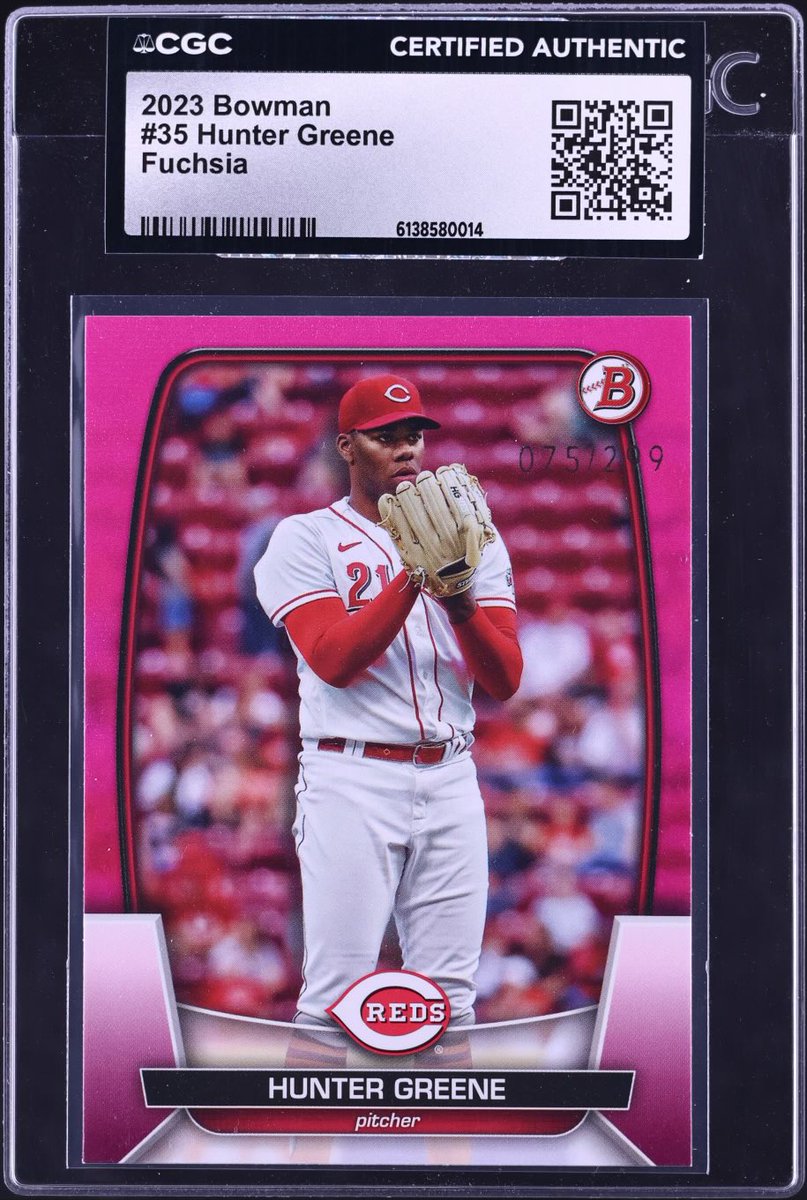 CleskeyC's tweet photo. 🔥 CGC Certified: 2023 Bowman #35 Hunter Greene Fuchsia numbered 75/299  

Vibrant pink parallel of the Reds fireballer — slabbed and ready! ⚾  

👉 Buy Now on Fanatics Collect: 
https://t.co/8gZdJZlOR2

#HunterGreene #Reds #Bowman #Fuchsia #TradingCards  #baseballcards #mlb #thehobby