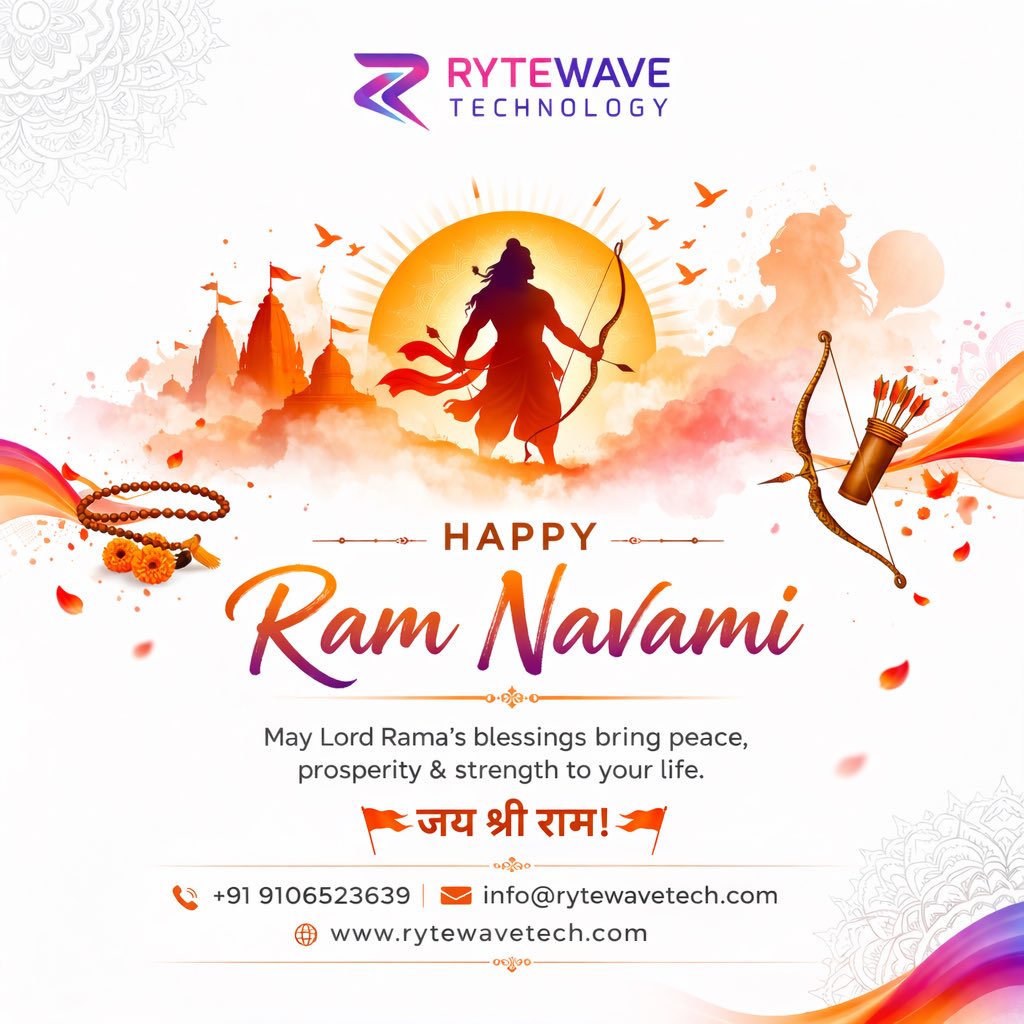 RyteWavetech's tweet photo. Celebrate the divine birth of Lord Ram with joy, positivity, and new beginnings 🌼✨

On this auspicious occasion of Ram Navami, may righteousness, strength, and peace guide your path.

#RamNavami2026 #HappyRamNavami #JaiShreeRam #LordRam #RamBhakt #RytewaveTechnology #Tech https://t.co/B2HWUQl7tw