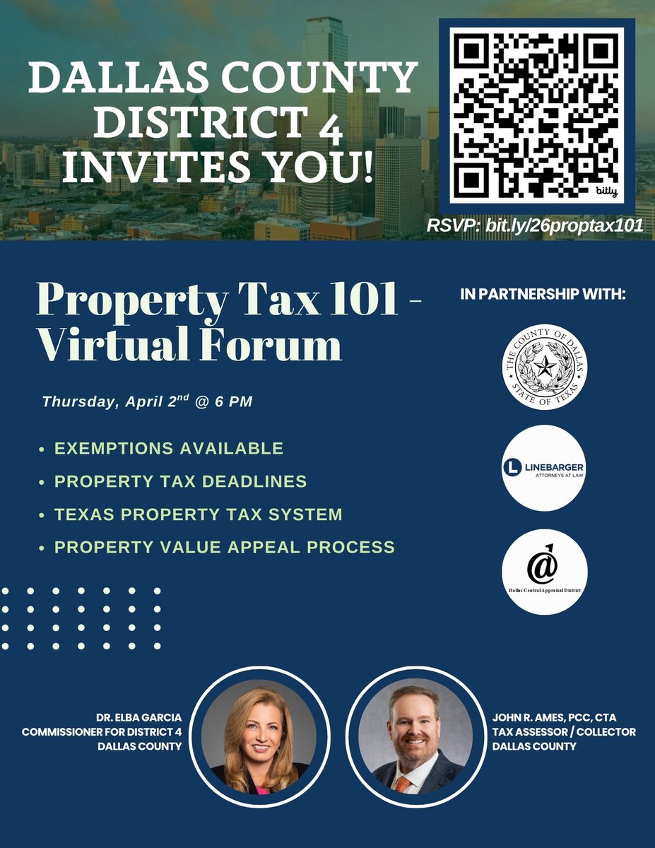 drelbagarcia's tweet image. Property Tax 101 Virtual Forum April 2, 2026 at 6 PM Online. 📊

📲 RSVP at mailchi.mp/dallascounty/i…

#DrElbaGarcia #CommunityFirst #Tax101 #TaxSeason #Dallas