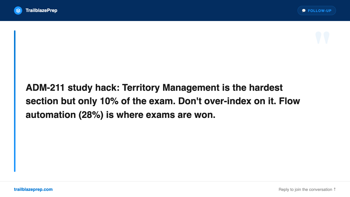 trailblazeprep's tweet image. territory looked scary on paper for me. flow + automation studying moved my score more. ymmv.

#ADM211 #SalesforceFlow