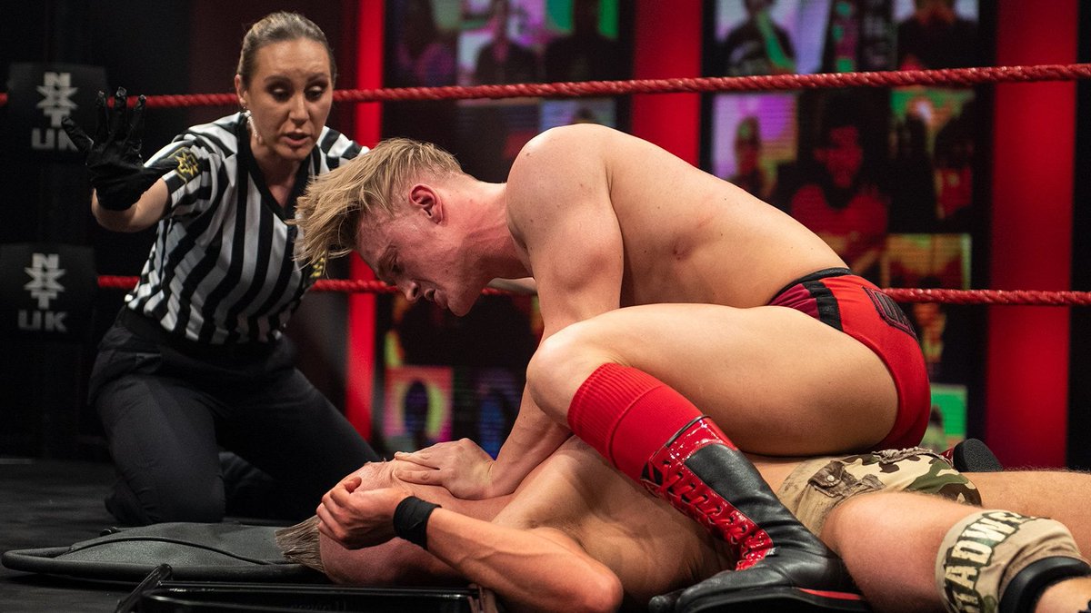NXTUK_Legacy's tweet photo. March 25, 2021:

At BT Sport Studios, @UNBESIEGBAR_ZAR defeated @sam_gradwell in a physical and brutal No Disqualification Match, and then let out a battle cry while rocking back-and-forth in the middle of the ring. #NXTUK 

📸 WWE https://t.co/yCoRVRMb3W