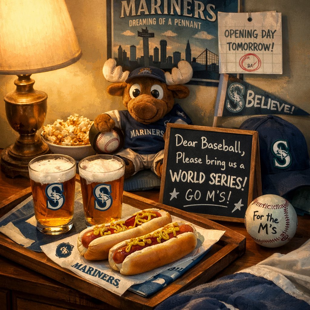 Jimsch71's tweet photo. @Mariners @mariners Tonight is baseball eve, everyone be sure to leave out your hotdogs and beer before bed https://t.co/49GOJgWESW
