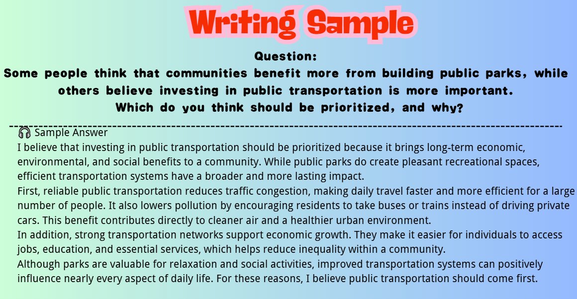 PracticeDET's tweet image. DET Writing challenge of the day! ✍️
 Which matters more for communities: parks or public transport? And why?
Share your answer below ⬇️
Try more writing prompts + get 3 days of free VIP on DETPractice.com to boost your prep 🚀
#DET #DuolingoEnglishTest #EnglishWriting