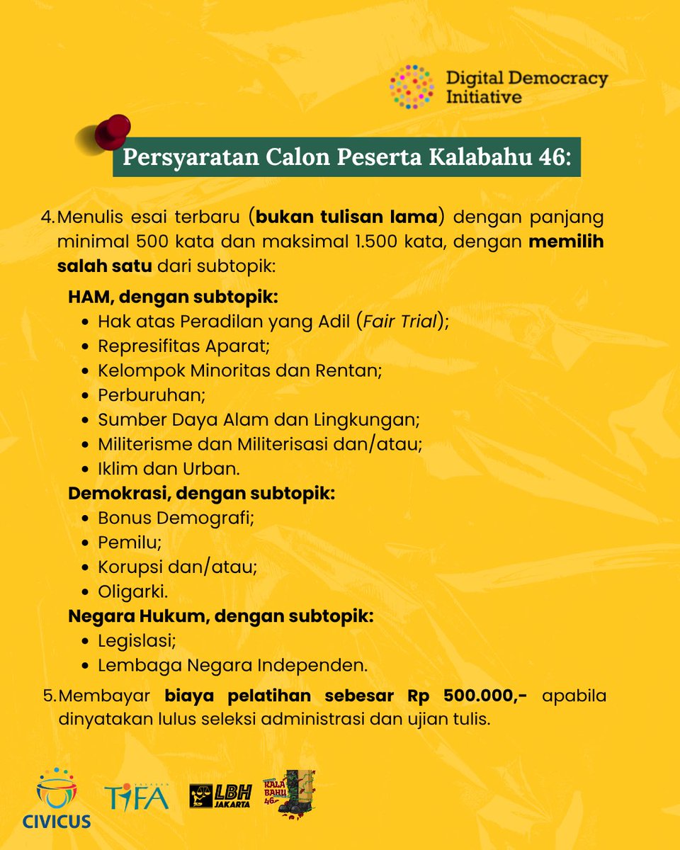 LBH_Jakarta's tweet photo. PENDAFTARAN KALABAHU 46 SUDAH DIBUKA!

Buat kamu yang gak sabar menanti-nanti Kalabahu LBH Jakarta, hari ini pendaftaran KALABAHU 46 resmi dibuka loh. Pendaftaran dimulai dari tanggal 26 Maret sampai 5 April 2026 yah!

Jadi untuk kamu yang ingin ikut bersama-sama menambah wawasan tentang hukum, HAM dan demokrasi jangan sampai terlewatkan!

Untuk informasi lengkap pendaftaran kamu bisa mengaksesnya di https://t.co/n4RDDLscLk

Sampai berjumpa di KALABAHU 46 kawan!

#Kalabahu46
#HidupkanDemokrasi 
#TegakkanSupremasiSipil