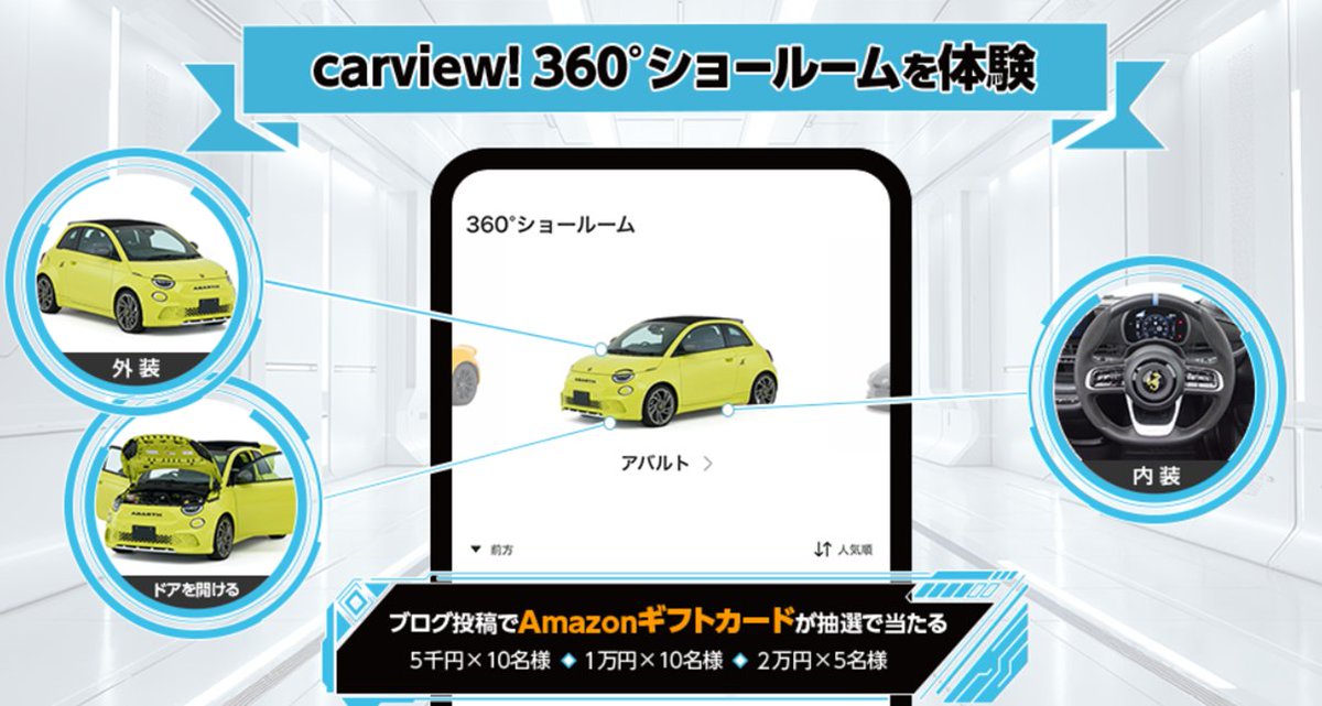 carviewcojp's tweet photo. みんカラで「360°ショールーム」キャンペーンがスタート。 触ってみた感想をみんカラブログで投稿すると、抽選でAmazonギフトが当たります。  https://t.co/l6iUXWw7xl #360ショールーム https://t.co/gDV8CJBJZ3