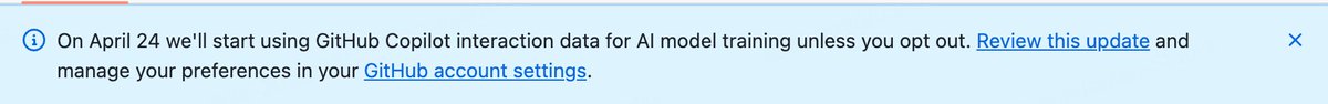 🚨 GitHub 隐私政策重磅变更：我们还是要用你的数据来训练 AI 了 刚刚访问 github 的时候，弹出了这个通知。 On April ...