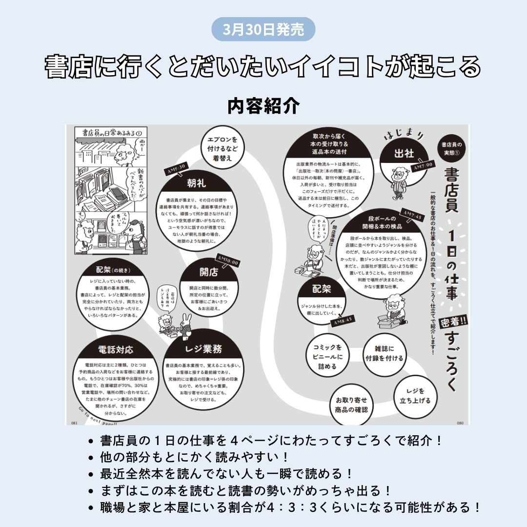 『イイコト』発売まであと4日！
こんな感じで令和の書店員の仕事内容なんかも載ってます！