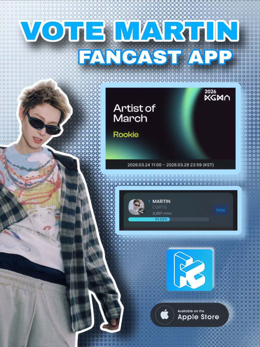 CortisHaven's tweet photo. 📢 ATTENTION COERS Martin has been nominated for 2026 KGMA Artist of The Month Rookie, please don't forget to collect hearts for Martin and vote! 💛🩵
KGMA 2026 ARTIST OF MARCH: ROOKIE #MARTIN
📱FANCAST APP
🗓️~03/29 11:59PM KST
⚠️1 VOTE = 100 💛💙
# Current rank : 1
#FANCASTAPP
#MARTIN