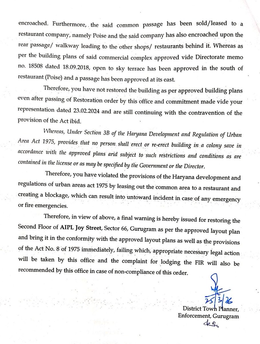 DEEPAKKAHUJA's tweet image. #Gurgaon
- नगर एवं ग्राम नियोजन विभाग ने सेक्टर-66 स्थित एआईपीएल जॉय स्ट्रीट मॉल में अतिक्रमण को लेकर बिल्डर और #Poise नामक रेस्तरां को कारण बताओ नोटिस दिया।
- कॉमन क्षेत्र में कब्जा किया। आपात स्थिति में लोगों को मॉल से बाहर निकलने में दिक्कत आएगी।
#AIPL #Poise #LandMark