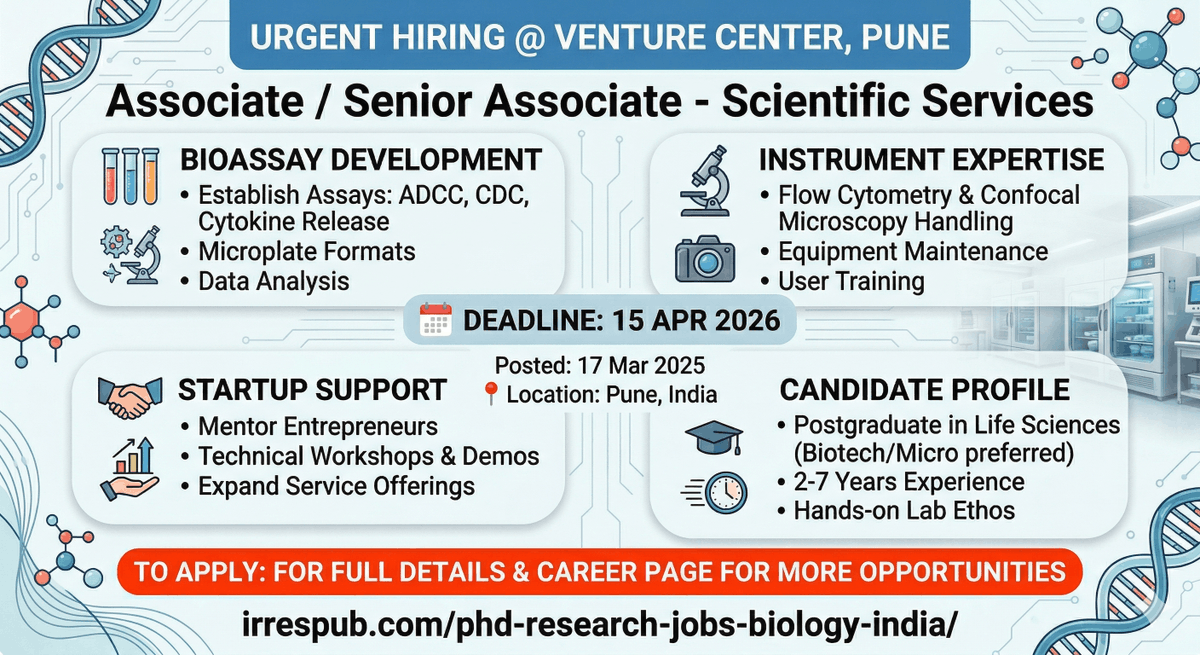 📢 JOB ALERT: Passionate about Biotech &amp; Startups? 🧬

Venture Center (Pune) is hiring an Associate / Senior Associate for Scientific Services! 🚀

Work with cutting-edge tech while helping India’s brightest entrepreneurs succeed. 🧵👇
#ScienceJobsIndia