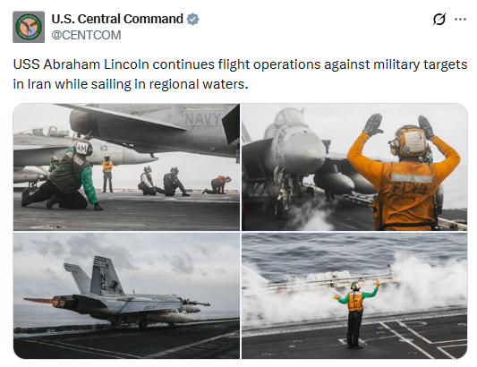 uniindianews's tweet image. USS Abraham Lincoln continues flight operations against military targets in Iran while sailing in regional waters: U.S. Central Command

@CENTCOM | #USCentralCommand | #UnitedStates | #Iran | #UNI