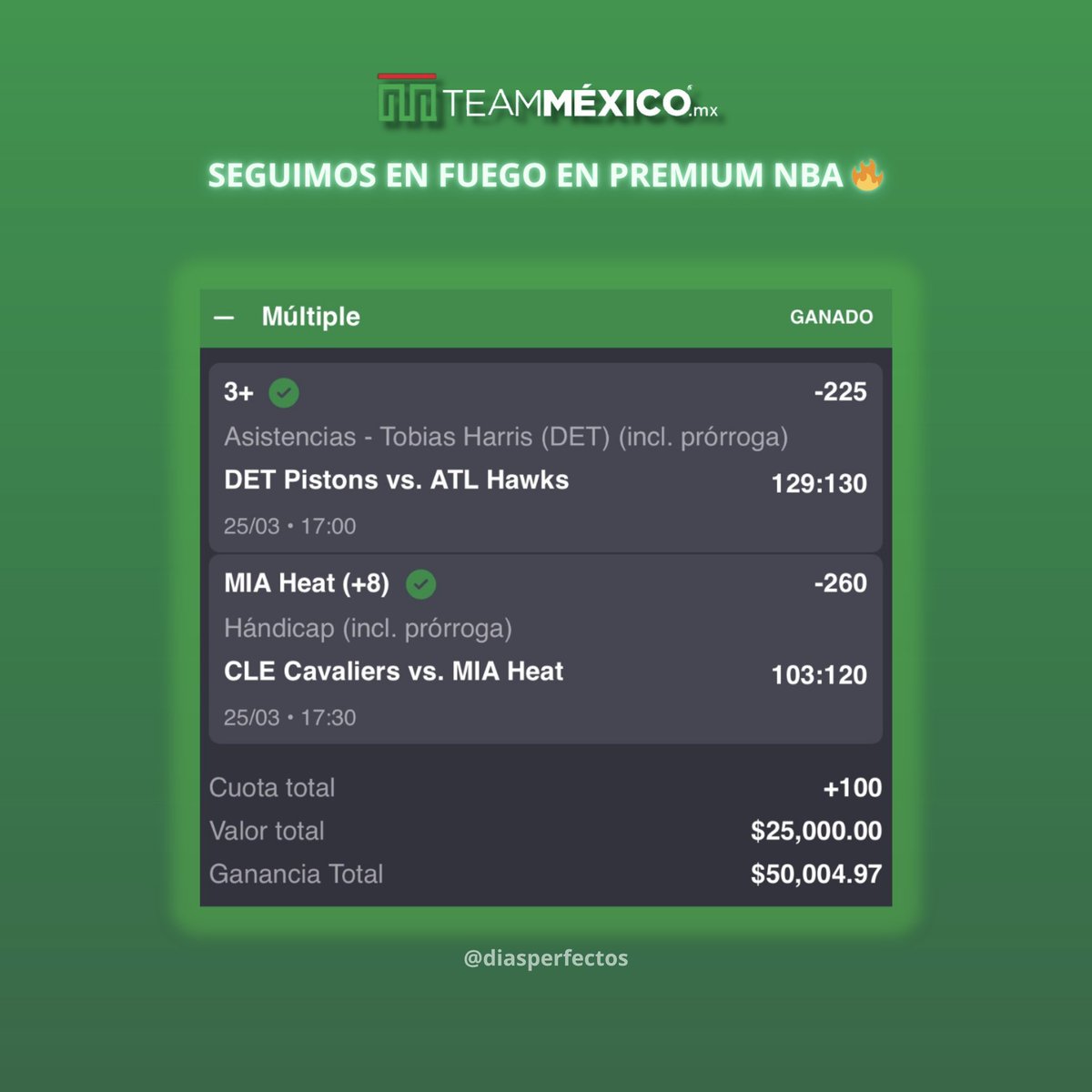 DiasPerfectos's tweet photo. GANAMOS ABSLUTAMENTE TODO EN EL PRIMER DÍA DE MLB + NBA 🔥

PREMIUM MLB
✅ Yankees F5 ML
✅ Yankees 7+ hits
PREMIUM NBA
✅ Harris 3+ ast & Heat +8 [STAKE25]
EXTRAS
✅ Reto a $50,000 completado 🪜
✅ Parlay explosivo a $113,598 💣

REGALARÉ $1,500 CASH ENTRE LOS ❤️ PA’ CELEBRAR