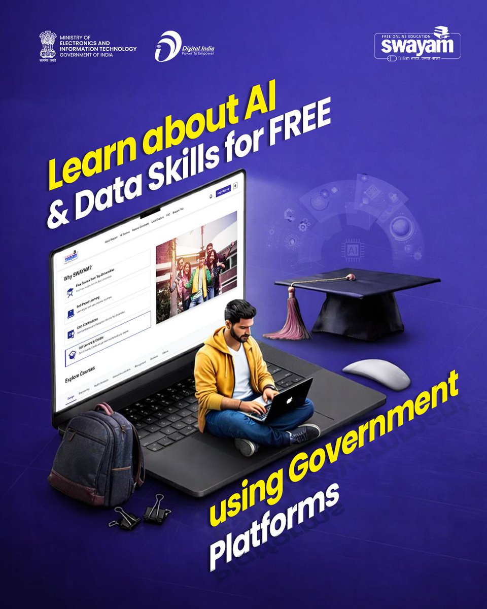 NeGD_GoI's tweet image. Want to learn AI &amp;amp; data skills for free? 🚀
Explore top government platforms offering high-quality courses, flexible learning, and valuable certifications — all at zero cost.

Start your journey today and level up your future!

#DigitalIndia #SkillIndia #LearnWithIndia #AIIndia
