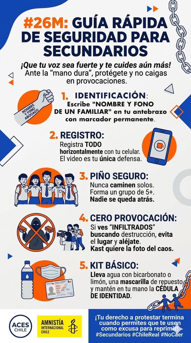 Atención Secundarios: Mañana la marcha es con inteligencia. No le regalen la foto del caos a Kast. Que la dignidad sea nuestra mejor arma. El futuro no se deja provocar. ✊
Sigan este protocolo de autocuidado: