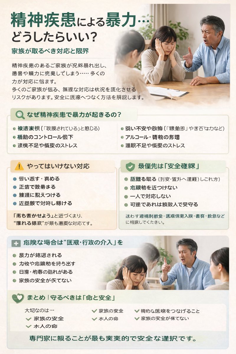 uking0428's tweet photo. 精神疾患による暴力は、性格ではなく症状のことも。言い返しや説得は逆効果です。まずは距離を取り安全確保を最優先に。繰り返す場合は精神科や行政へ相談を。家族だけで抱えず、専門家につなぐことが重要です。
#精神疾患 #家族支援 #暴力対応 https://t.co/OutCfiIBEJ