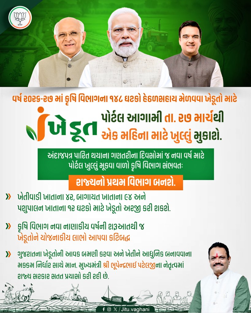 ARVALLIGSMANDAL's tweet photo. વર્ષ ૨૦૨૬-૨૭ માં કૃષિ વિભાગના ૧૪૮ ઘટકો હેઠળ સહાય મેળવવા ખેડૂતો માટે 'આઈ-ખેડૂત' પોર્ટલ આગામી તા. ૨૭ માર્ચથી એક મહિના માટે ખુલ્લું ��ુકાશે. જેનો લાભ લેવા જિલ્લા ના તમામ ખેડૂત મિત્રો ને વિનંતી
@DdoArvalli @CollectorArvali @DAravalli @JdaMehsana
@jitu_vaghani @CMOGuj https://t.co/oLYK1KMGbE