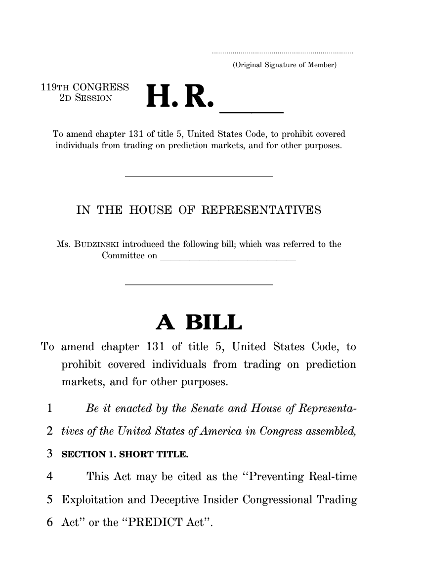 🇺🇸 NEW: Lawmakers introduce bipartisan PREDICT Act to ban Congress members, president, and senior officials from trading on political prediction markets, per Politico.
