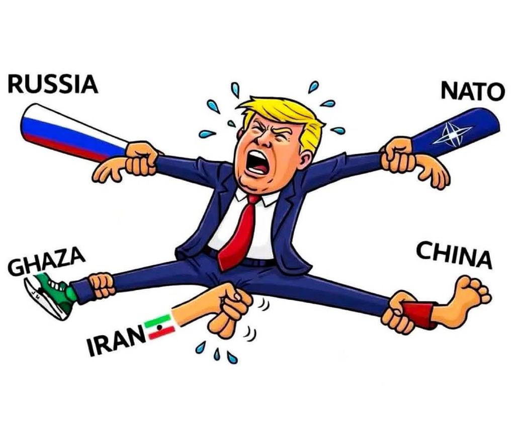 AutosaifulIslam's tweet photo. ছবির ব্যাখ্যা:
বাম হাতে টানছে Russia
ডান হাতে টানছে NATO
এক পা টানছে Gaza
আরেক পা টানছে China
নিচ থেকে ধরে আছে Iran
মূল বার্তা:
এই কার্টুনের মাধ্যমে দেখানো হয়েছে একজন বড় রাজনৈতিক নেতাকে একসাথে অনেক আন্তর্জাতিক ইস্যু ও শক্তির চাপ সামলাতে হয়।
 বিশ্ব রাজনীতি অনেক সময় টানাটানি https://t.co/wYnNfNIz76