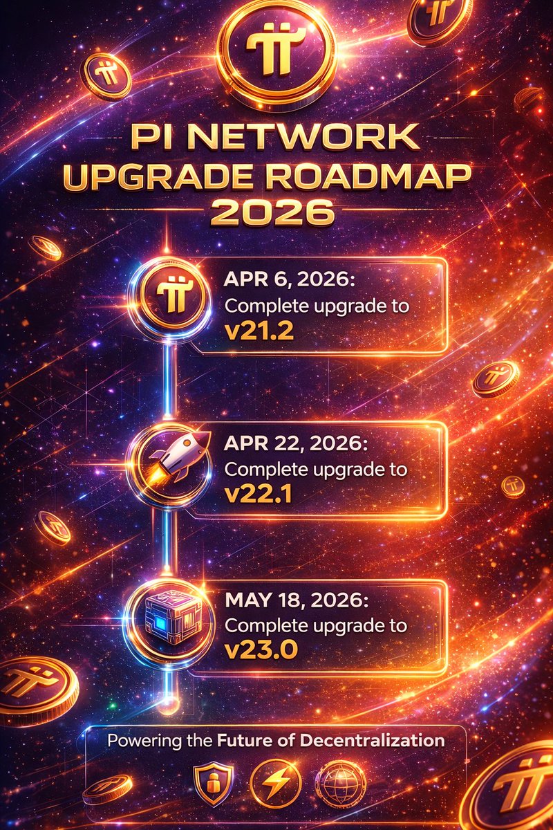 🚀 PI NODE UPGRADE 2026 💜
Stay ahead of the network updates &amp; avoid mistakes! ⚡️

🗓 Upcoming Upgrade Schedule: 
🔹 Apr 6, 2026   → 🟡 v21.2
🔹 Apr 22, 2026 → 🟡 v22.1
🔹 May 18, 2026 →🟡 v23.0

🚫 IMPORTANT STATUS:
👉 DO NOT START UPGRADING NOW ❌
Wait for official