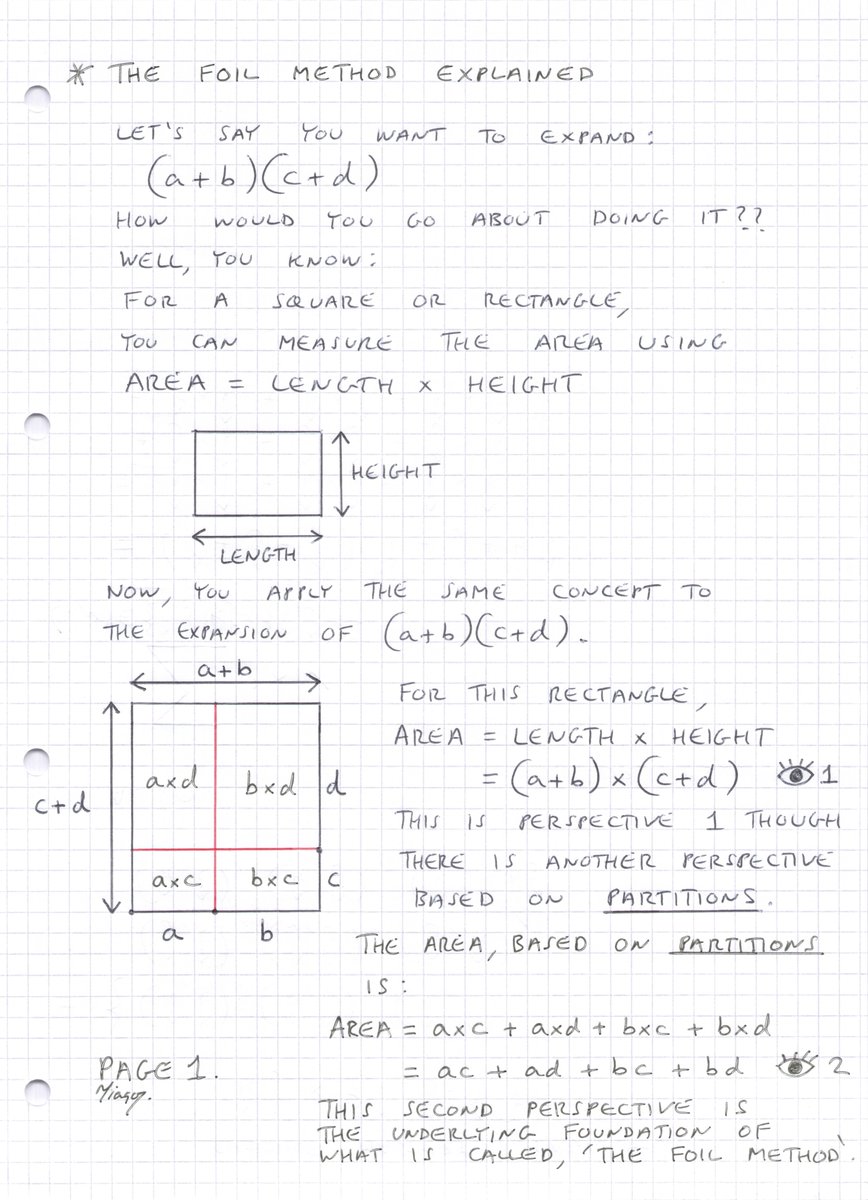 mathsproofs's tweet image. The famous FOIL method, explained in depth.

FIRST, OUTER, INNER, LAST

F O I L

(a + b) x (c + d)

= (a x c) + (a x d) + (b x c) + (b x d)

A foundation for many mathematical proofs.

#gcsemaths #alevelmaths #pythagorastheorem