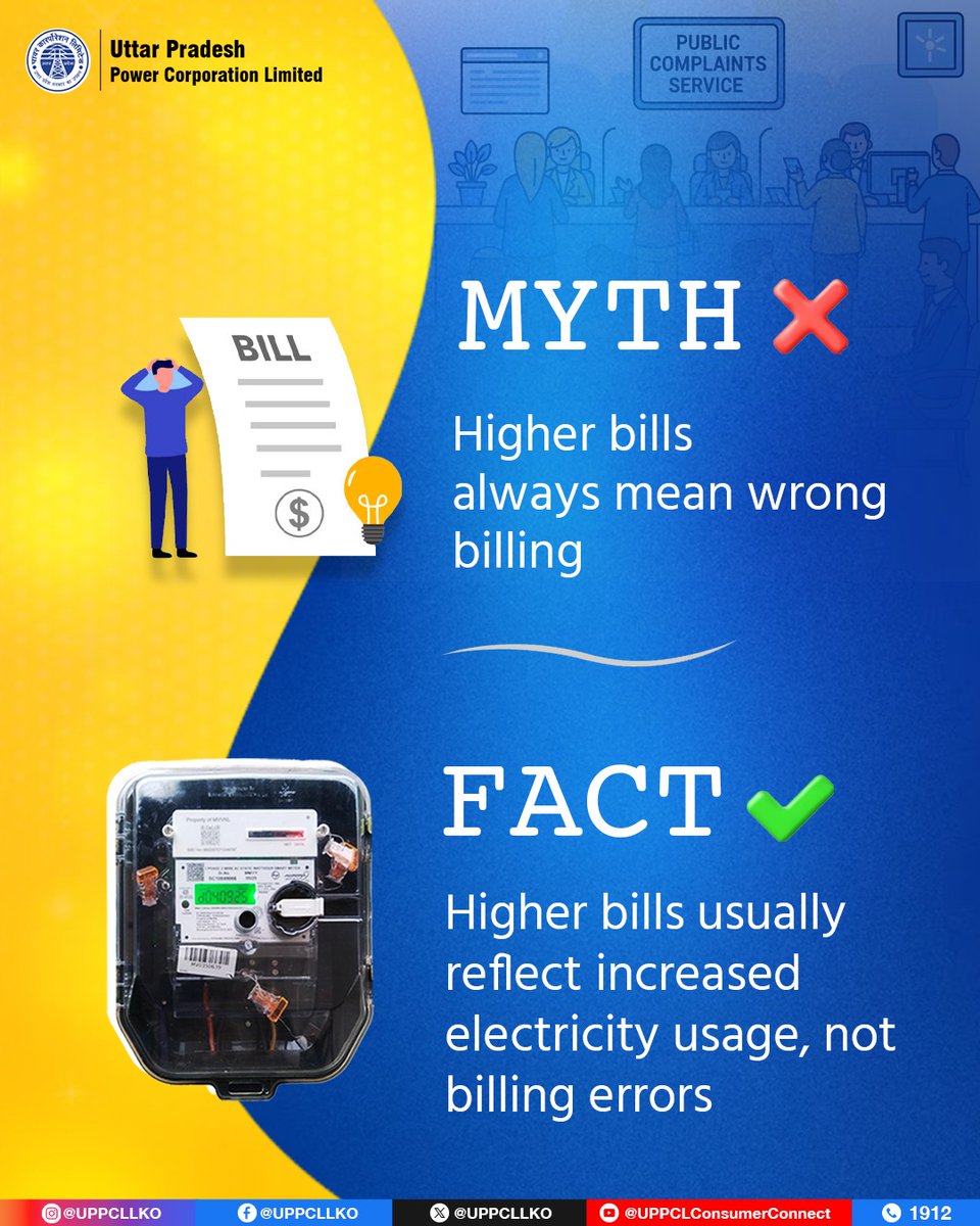UPPCLLKO's tweet image. Higher consumption leads to higher bills -not necessarily billing errors. Stay informed, stay aware.
#MythVsFact #SmartConsumers

@CMOfficeUP
@EMofficeUP
@aksharmaBharat
@mduppcl