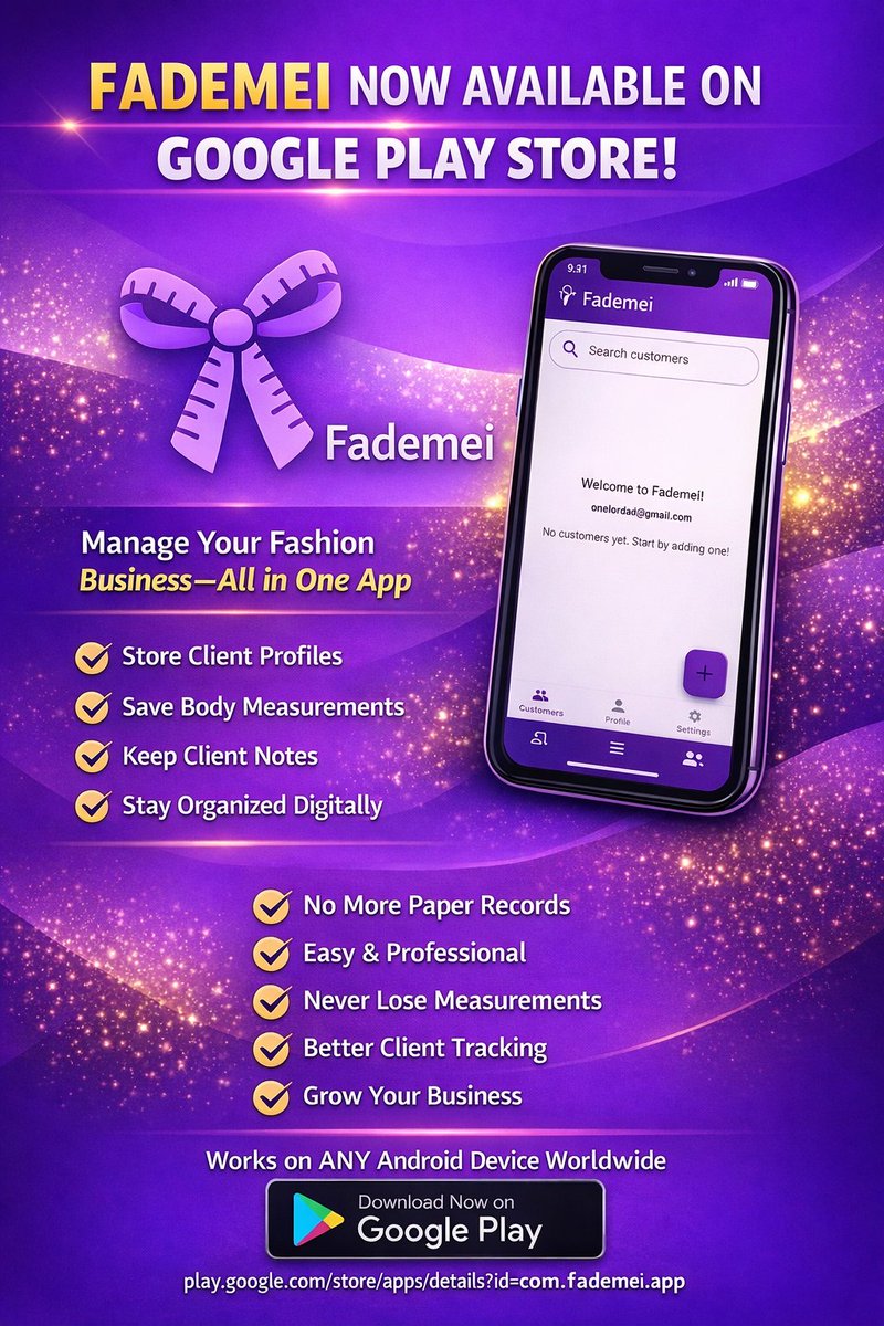 FademeiApp's tweet photo. Fademei is now LIVE on Google Play 🚀
Helping tailors &amp; fashion designers: 📏 Save measurements
📝 Keep client notes
📲 Stay organized
No more paper records.
Download👇
https://t.co/1y4v1OwG6L…⁠�
#BuildInPublic #StartupAfrica #Fademei https://t.co/vCIHetnYXJ