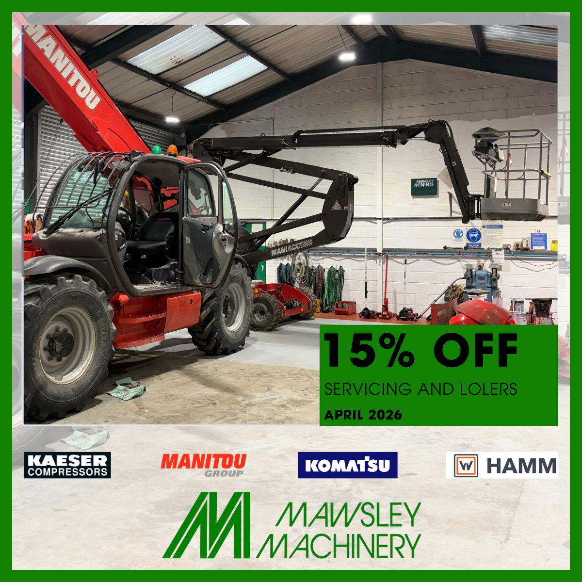 ✂️Slash 15% off your April maintenance!

Discounted services &amp; LOLERs throughout April 2026🛠️

Keep your machines in top condition.

⏳Offer ends 30.04.2026

Contact us to book your service/LOLER.
Mention this post to claim your discount.
📩 service@mawsley.com 📞 01604 883789